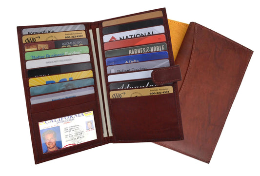 RFID Blocking Leather Checkbook Cover Men's Secretary Wallet 19 Card Holder Strap Closed