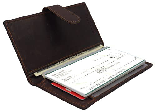 Hunter Brown RFID Blocking Genuine Leather Checkbook Wallet Strap Closed