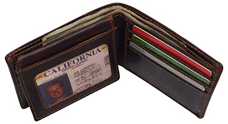 Hunter Brown RFID Blocking Genuine Leather Bifold Wallet Flip Up ID Holder