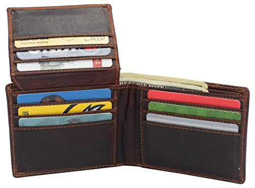 Hunter Brown RFID Blocking Genuine Leather Bifold Wallet Flip Up ID Holder