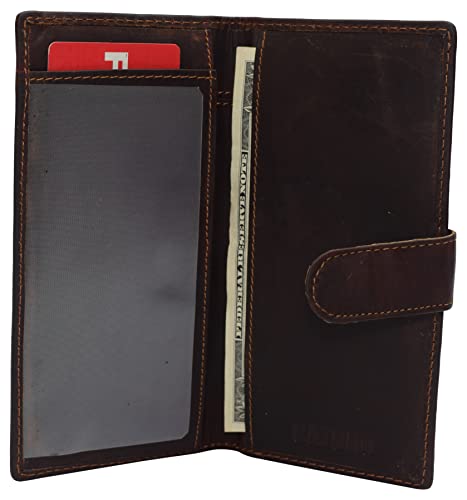Hunter Brown RFID Blocking Genuine Leather Checkbook Wallet Strap Closed