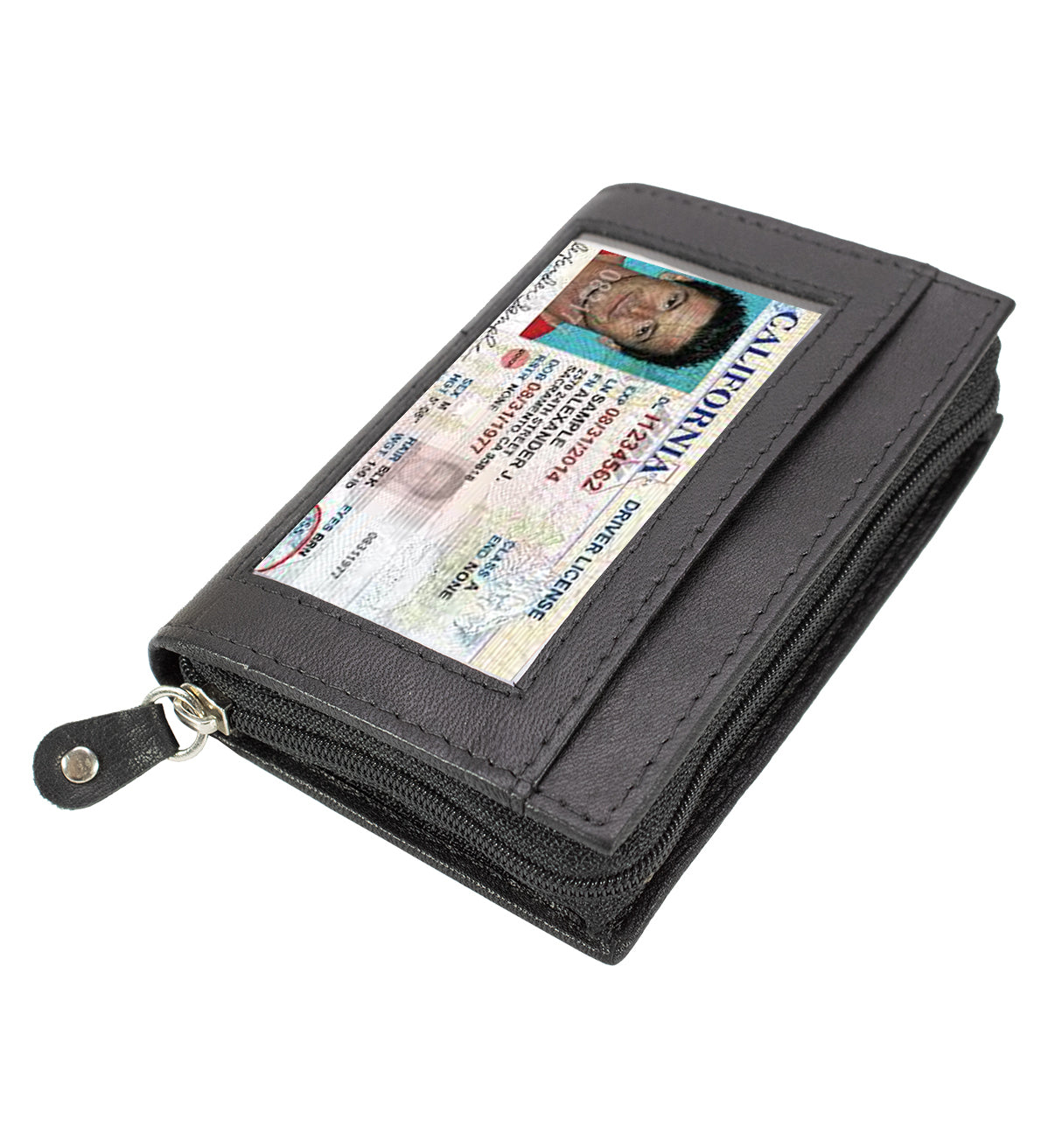 Black Leather Wallet Pocket Business Card ID Organizer Clear Sleeve Insert Zip Around
