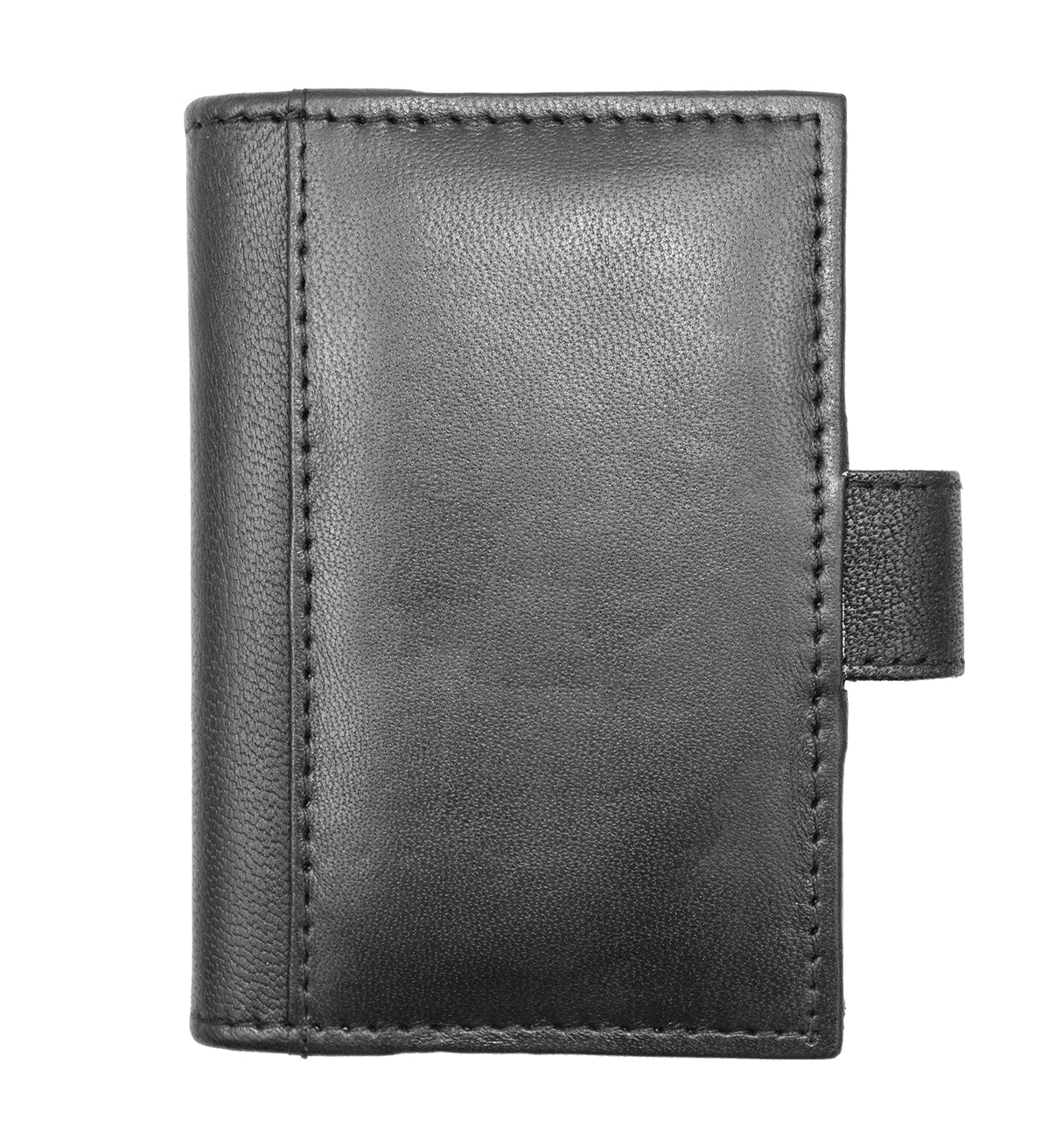 Black Leather Pocket Business Card Organizer Clear Sleeve Insert strap closed ID Wallet