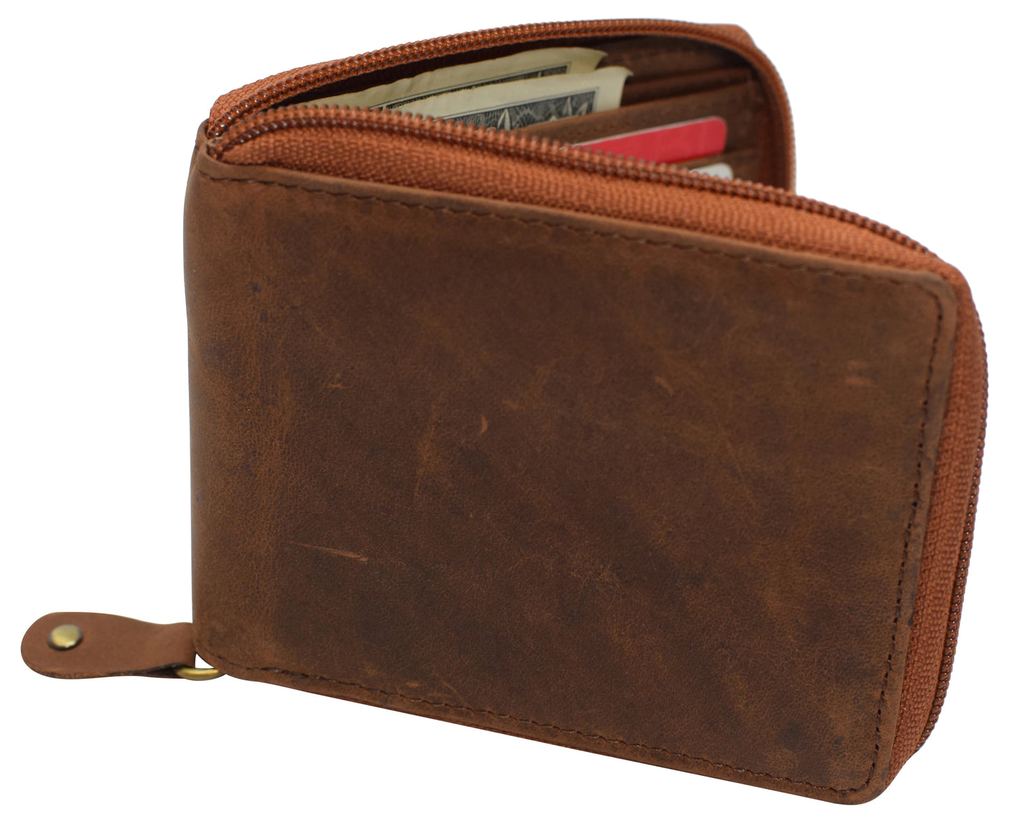 Hunter Brown RFID Blocking Genuine Leather Zip Around Bifold Wallet