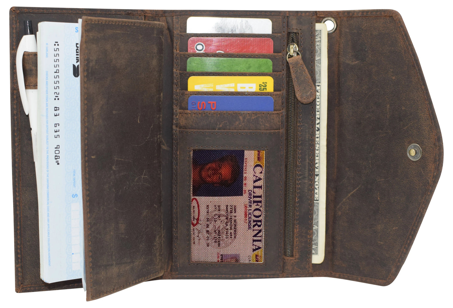 RFID Blocking Hunter Brown Genuine Leather Lady's Checkbook Clutch Wallet
