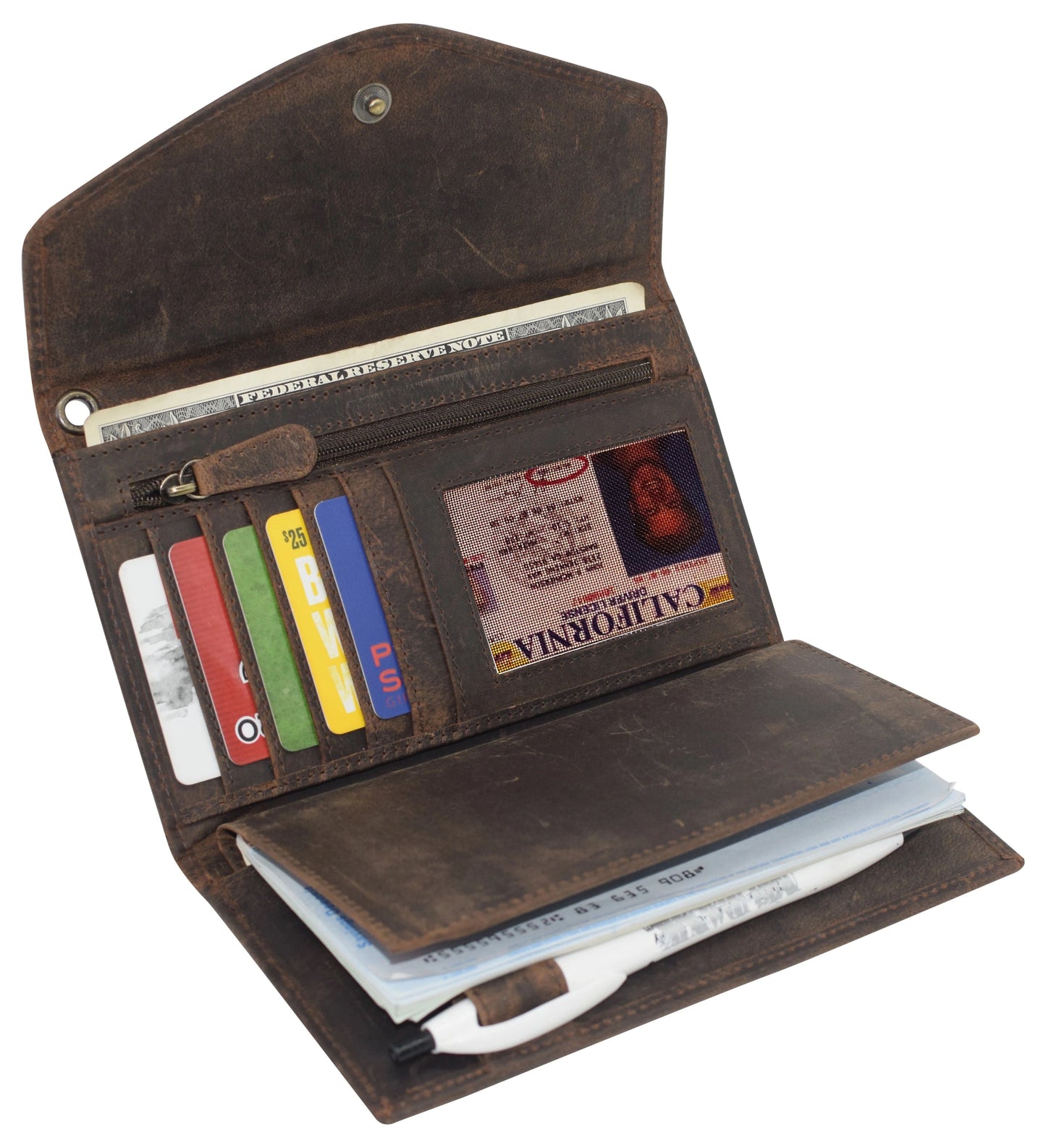 RFID Blocking Hunter Brown Genuine Leather Lady's Checkbook Clutch Wallet