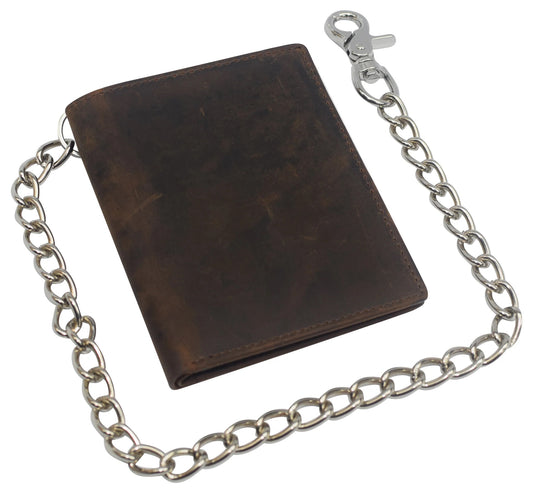 Hunter Brown Vintage Leather Bifold Hipster Biker's Wallet Steel Chain Trucker Motorcyclist