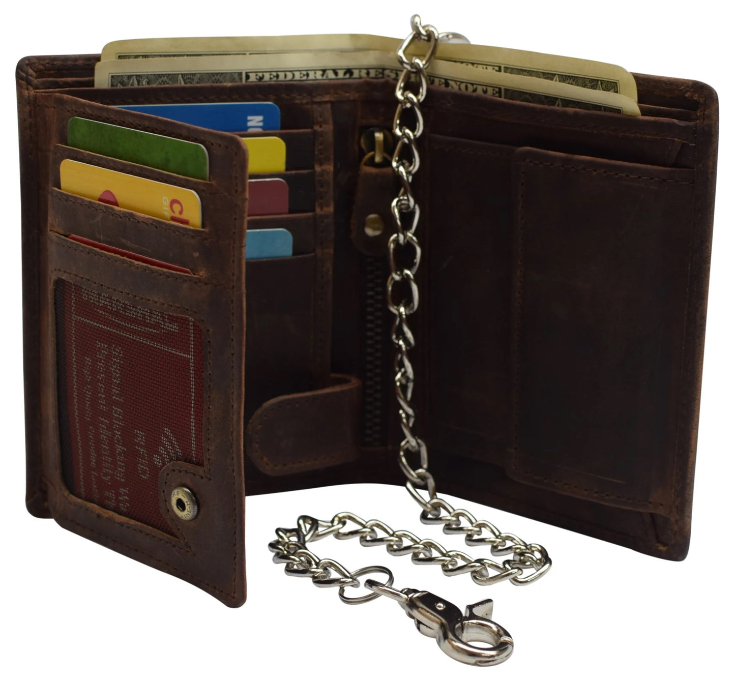 Hunter Brown RFID Blocking Genuine Leather Biker's Wallet Steel Chain