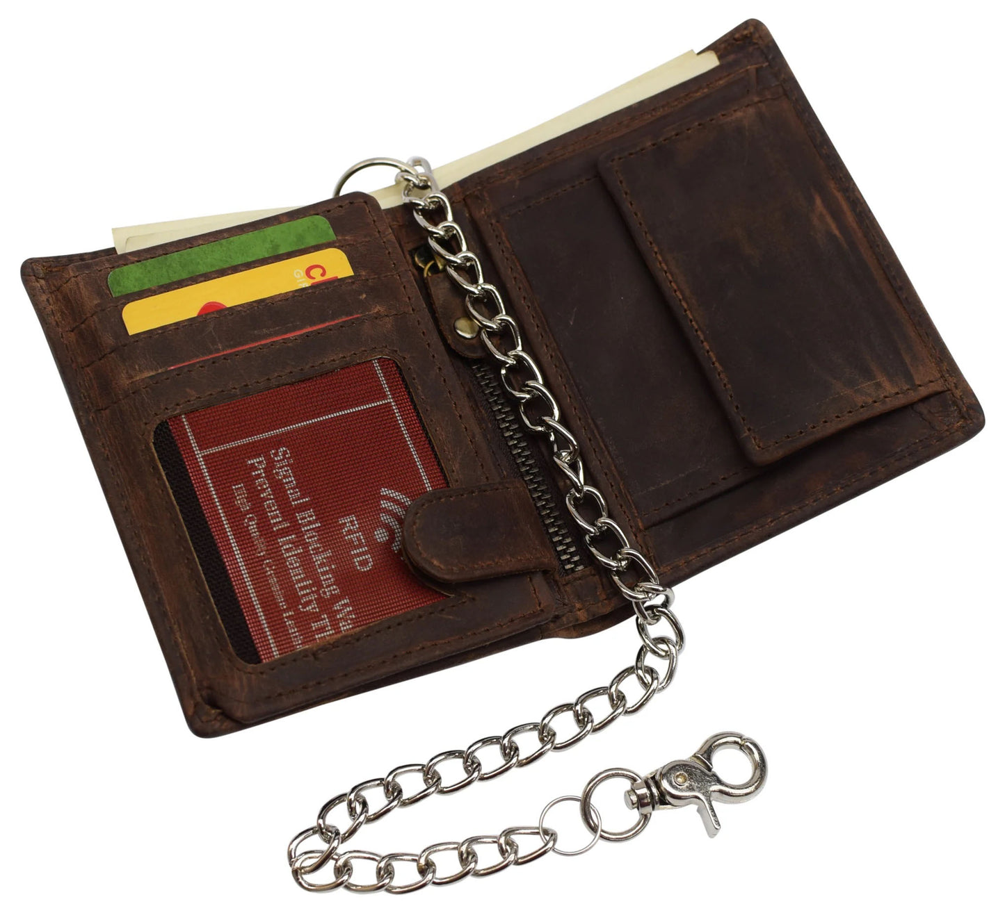 Hunter Brown RFID Blocking Genuine Leather Biker's Wallet Steel Chain