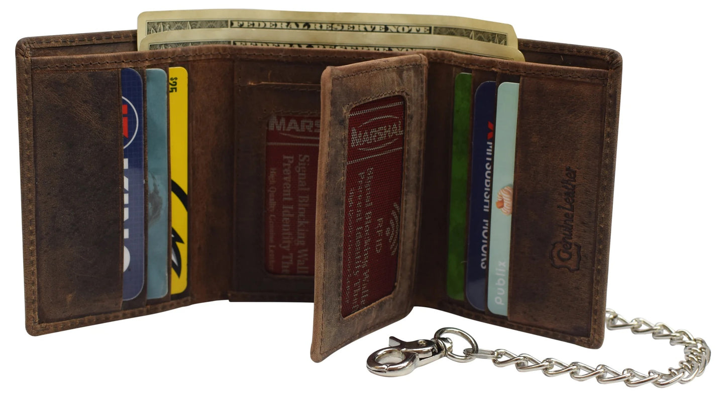 Hunter Brown RFID Blocking Steel Chain Trifold Wallet with Center Flap