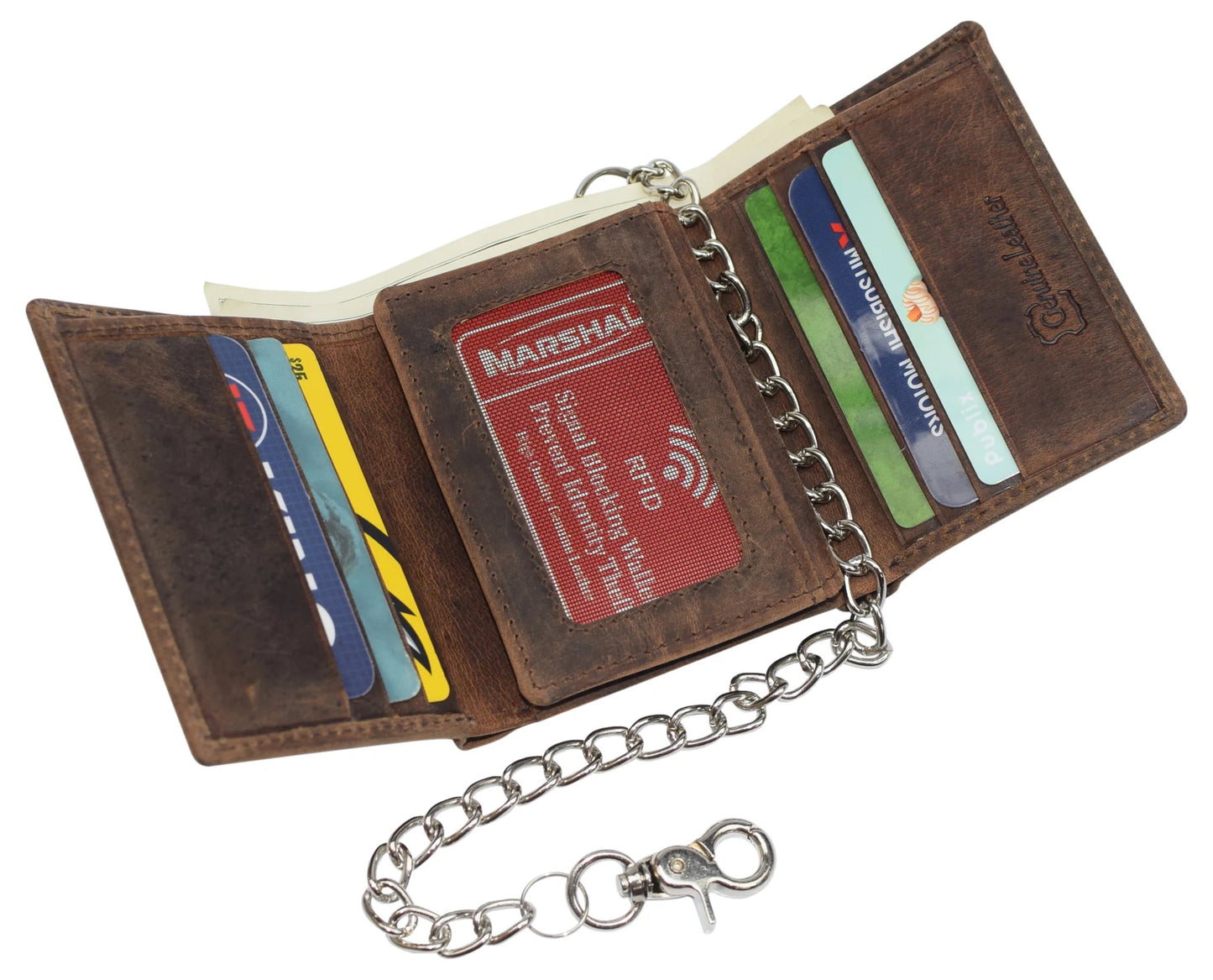 Hunter Brown RFID Blocking Steel Chain Trifold Wallet with Center Flap