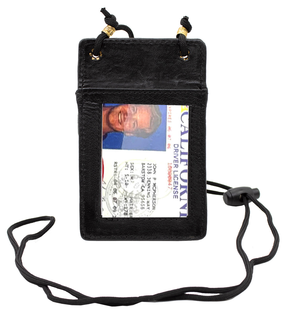 Black Genuine Leather ID Card Holder Neck Strap Travel Wallet String Bag Lanyard