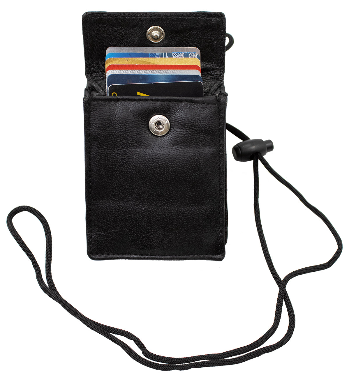 Black Genuine Leather ID Card Holder Neck Strap Travel Wallet String Bag Lanyard