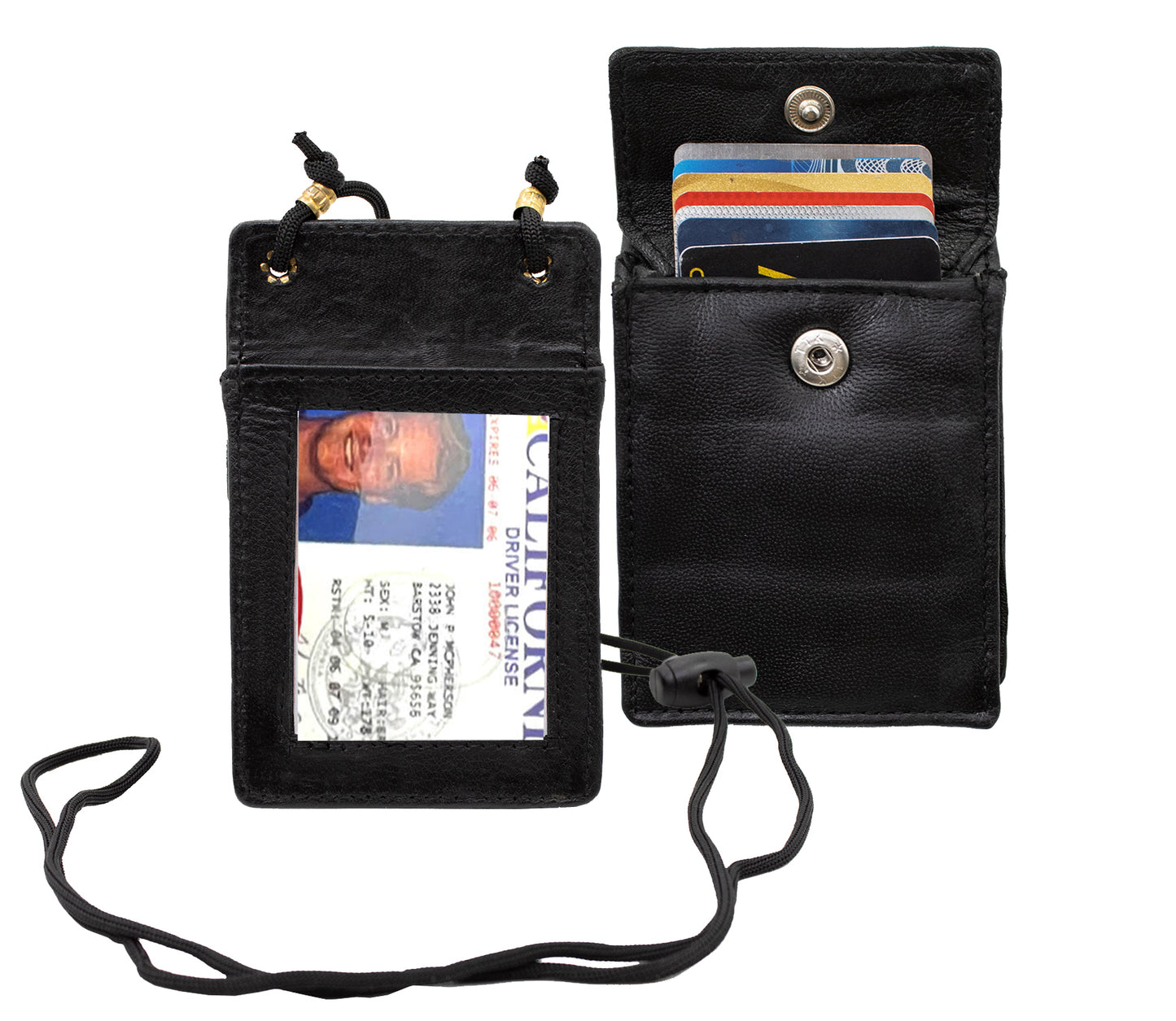 Black Genuine Leather ID Card Holder Neck Strap Travel Wallet String Bag Lanyard