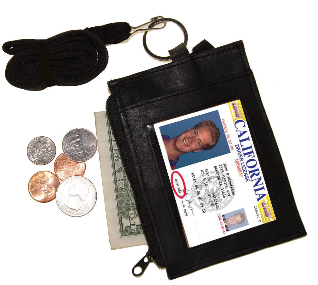 Black Mens Genuine Leather ID Badge Lanyard Key Coins Holder Zip Wallet