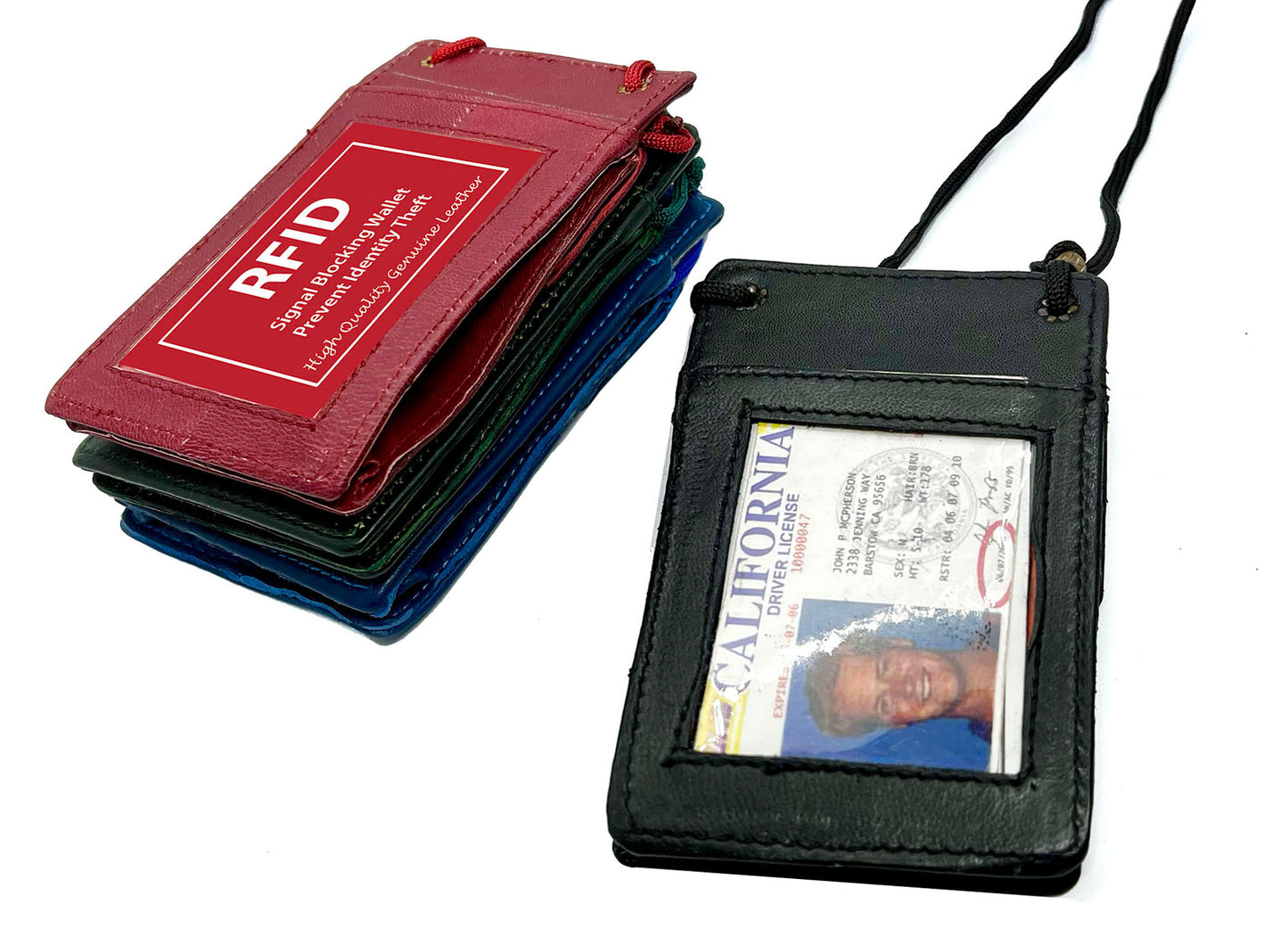 RFID Blocking Genuine Leather ID Badge Holder Credit Card Wallet with Lanyard Adjustable Neck Strap
