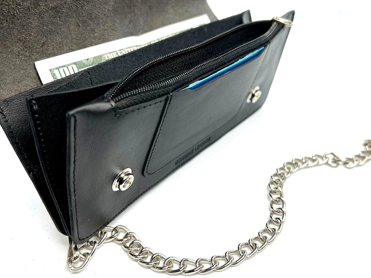 Genuine Leather Men's Biker's Long Wallet Trucker Motorcycle Trucker Steel Chain