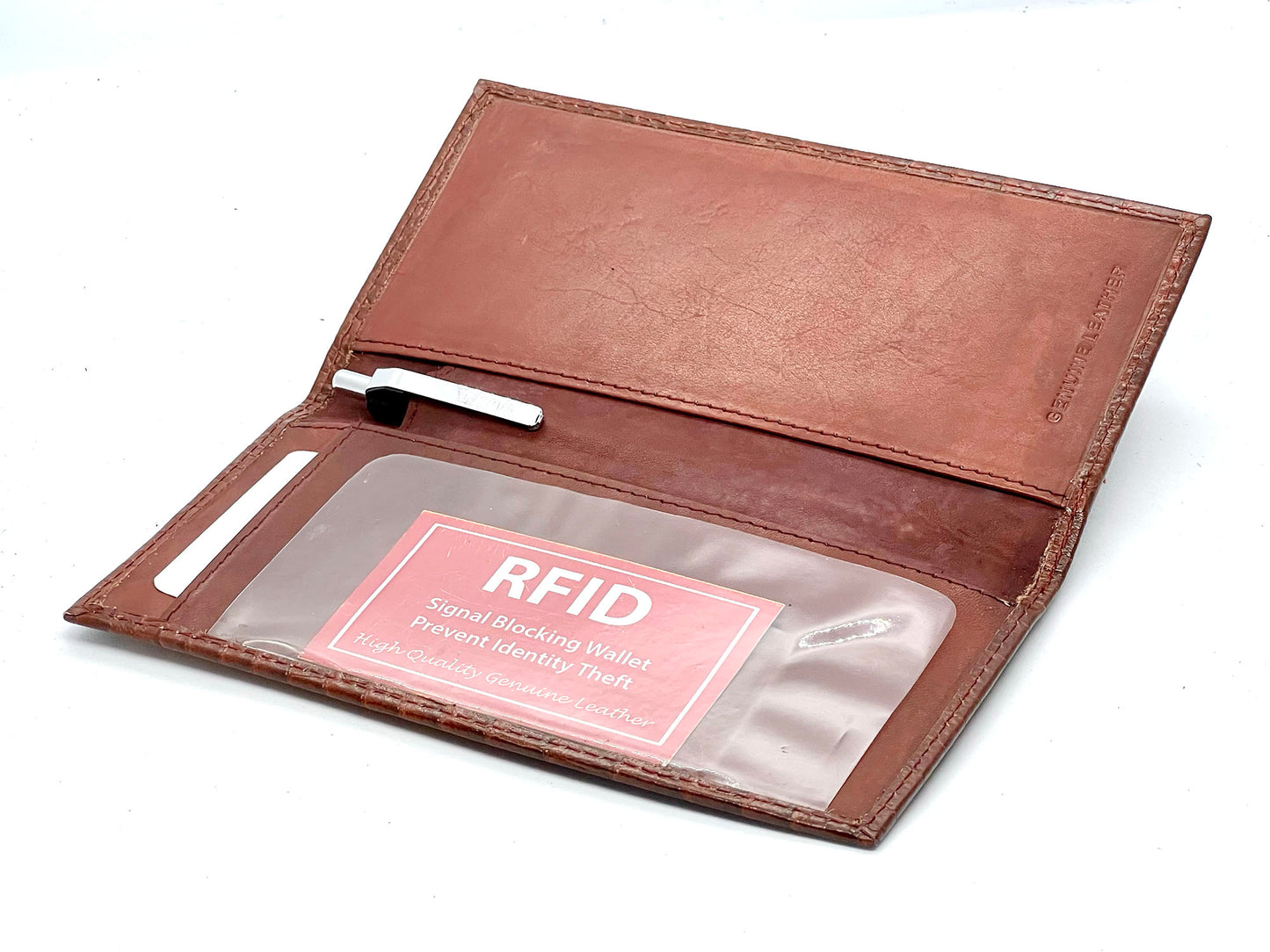 RFID Blocking Genuine Leather Standard Checkbook Cover Holder Thin Wallet Croc Croco Print