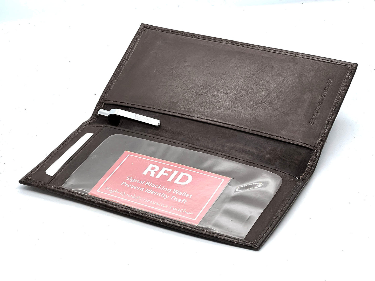 RFID Blocking Genuine Leather Standard Checkbook Cover Holder Thin Wallet Croc Croco Print