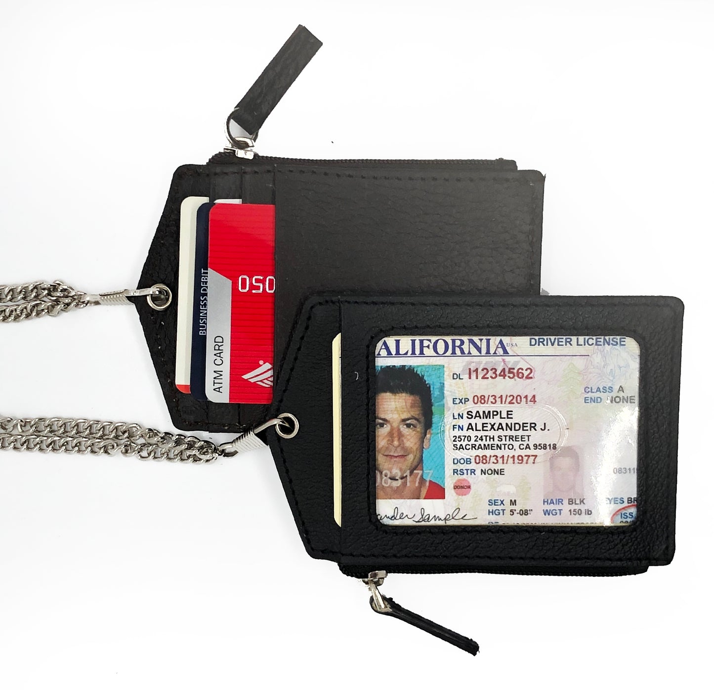 RFID Blocking Genuine Leather ID Badge Holder with Lanyard  Credit Card Holder Zip Pocket Metal Chain