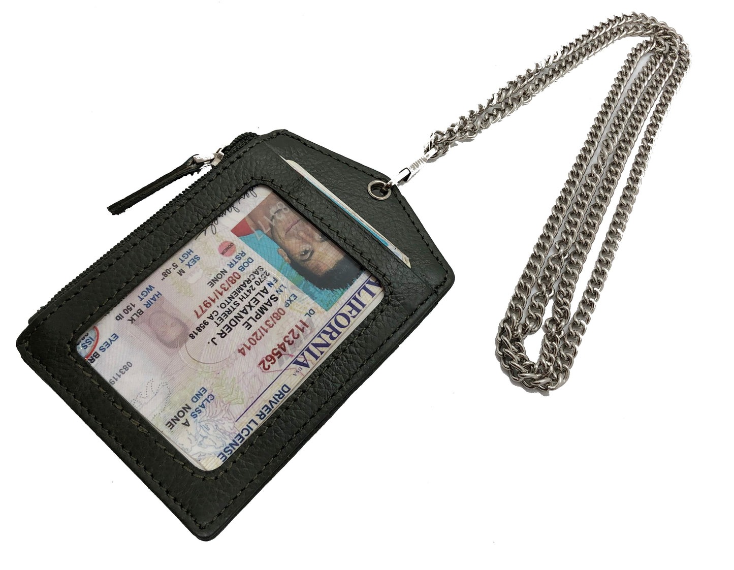 RFID Blocking Genuine Leather ID Badge Holder with Lanyard  Credit Card Holder Zip Pocket Metal Chain