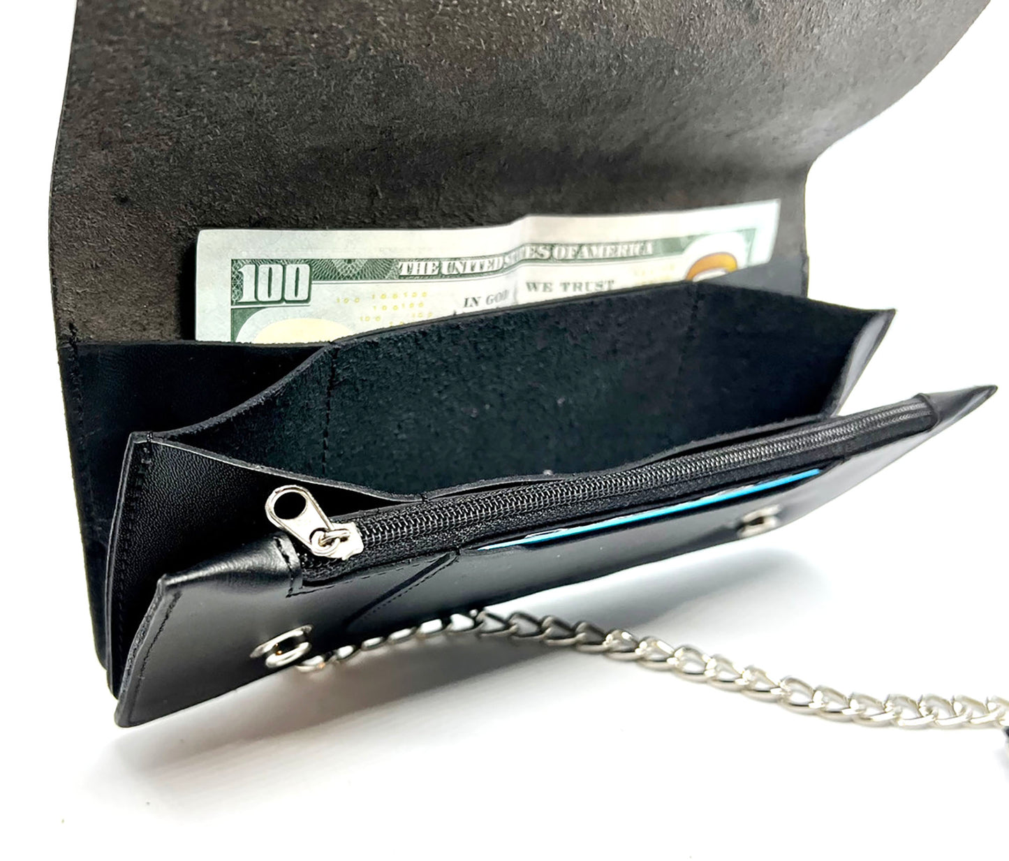 Genuine Leather Men's Biker's Long Wallet Trucker Motorcycle Trucker Steel Chain