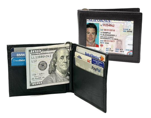 RFID Blocking Genuine Leather Bifold Money Clip ID Badge Bifold Wallet Front Pocket