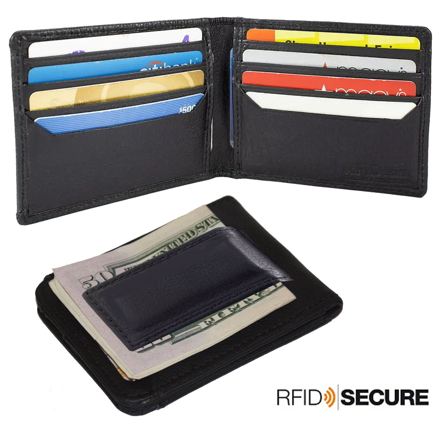 RFID Signal Blocking Black Cowhide Leather Mens Bifold Magnetic Money Clip