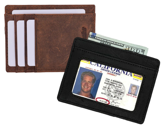 RFID Blocking Hunter Brown Men's Slim Vintage Genuine Leather Front Pocket Wallet Thin Card Holder