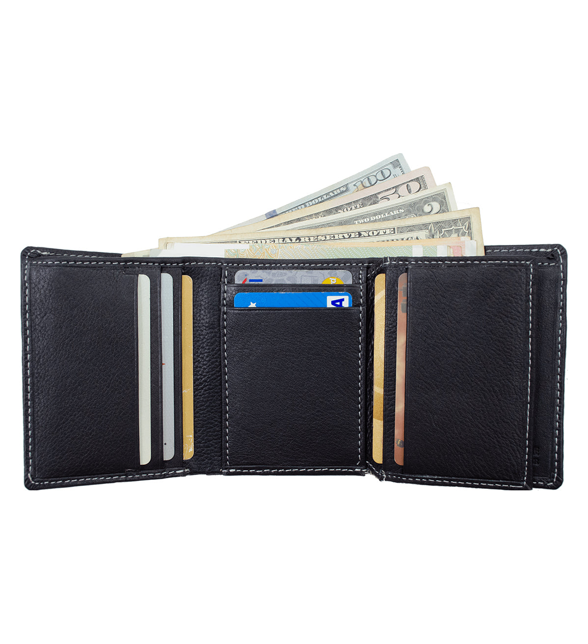 RFID Blocking Genuine Leather Men's Trifold Wallet Center Flap Premium Cowhide