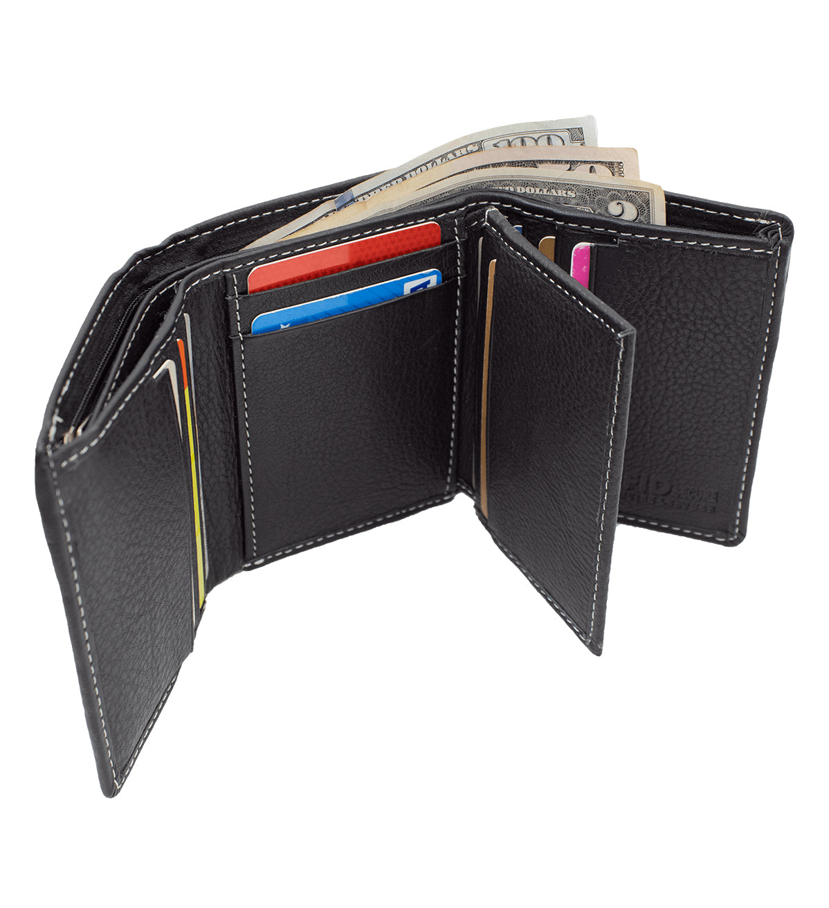 RFID Blocking Genuine Leather Men's Trifold Wallet Center Flap Premium Cowhide