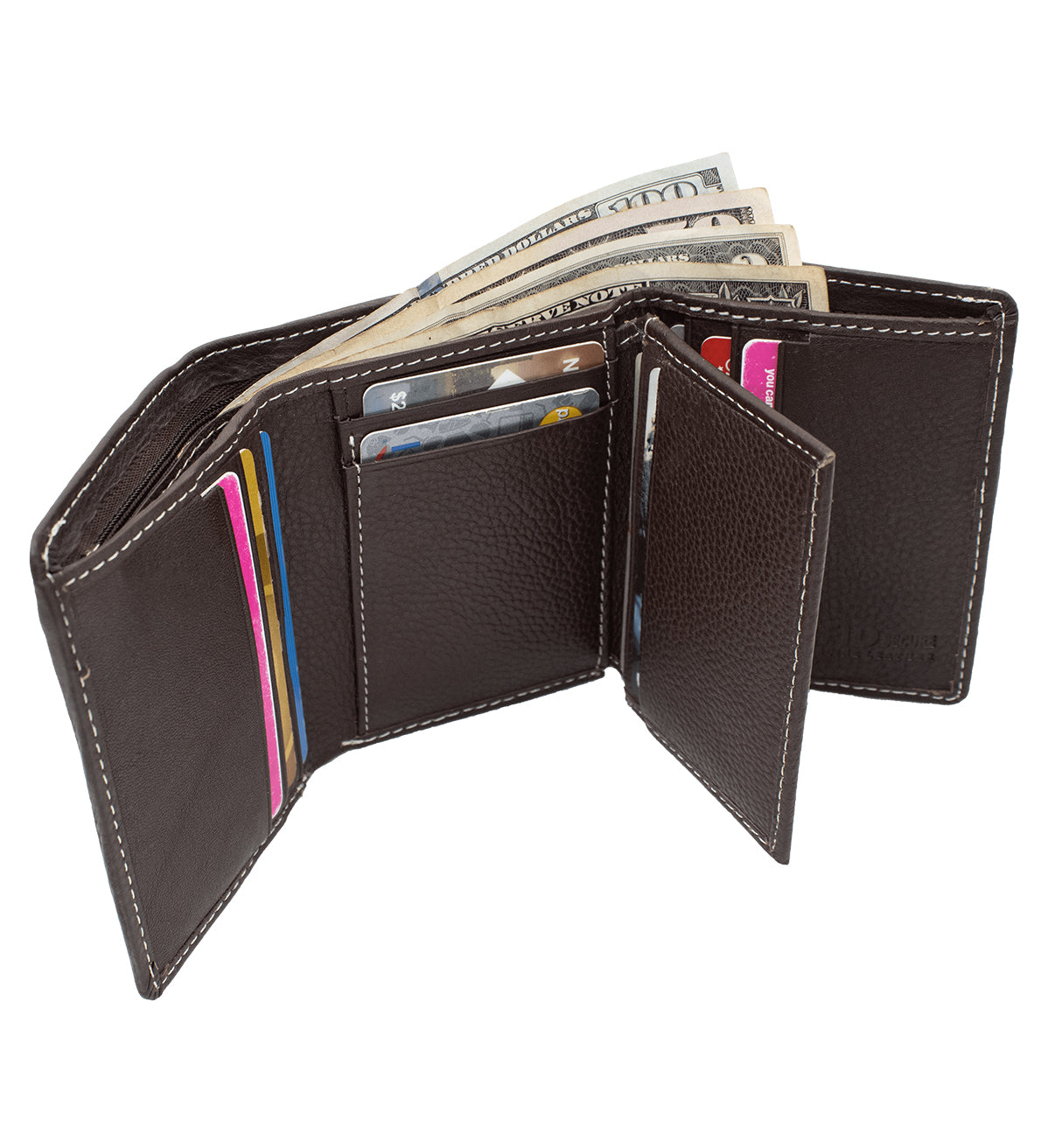 RFID Blocking Genuine Leather Men's Trifold Wallet Center Flap Premium Cowhide