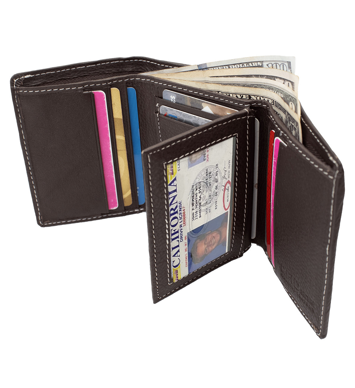 RFID Blocking Genuine Leather Men's Trifold Wallet Center Flap Premium Cowhide