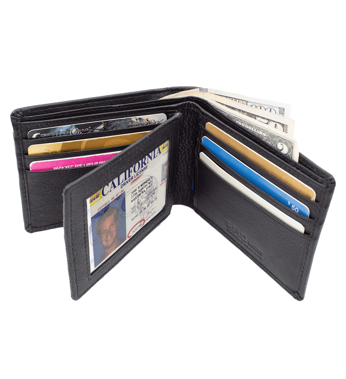 RFID Blocking Genuine Leather Men's Bifold Wallet Center Flap Premium Cowhide