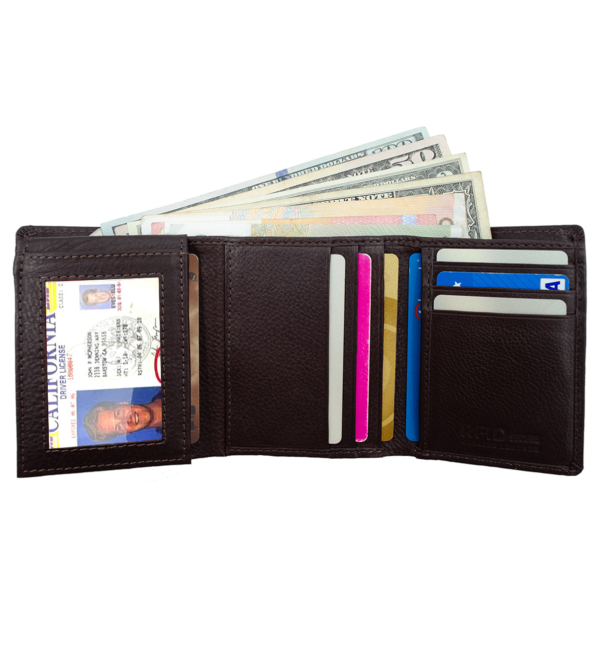 RFID Blocking Genuine Leather Men's Trifold Wallet Flap Top Premium Cowhide