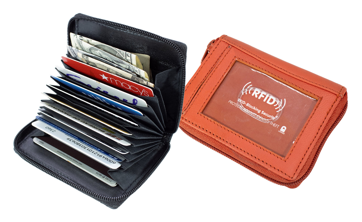 RFID Blocking Leather Fan Open Credit Card Holder Zip Around Accordion Wallet