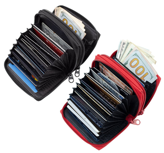 RFID Leather Fan Open Credit Card Holder 2 Zip Woman's Accordion Wallet