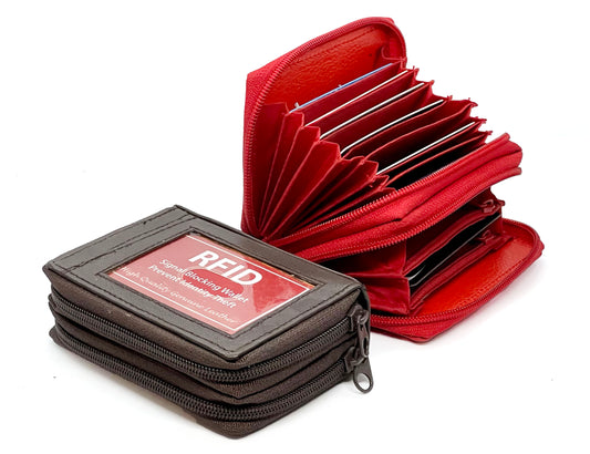 RFID Genuine Leather Credit Card Holder Accordion Women's Wallet 2 Zip