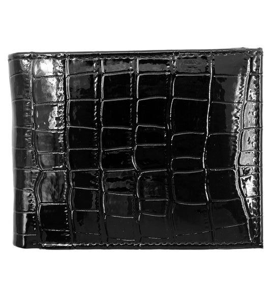 Black Croc Print Vegan Leather Men's Bifold Wallet Double Flap Holder
