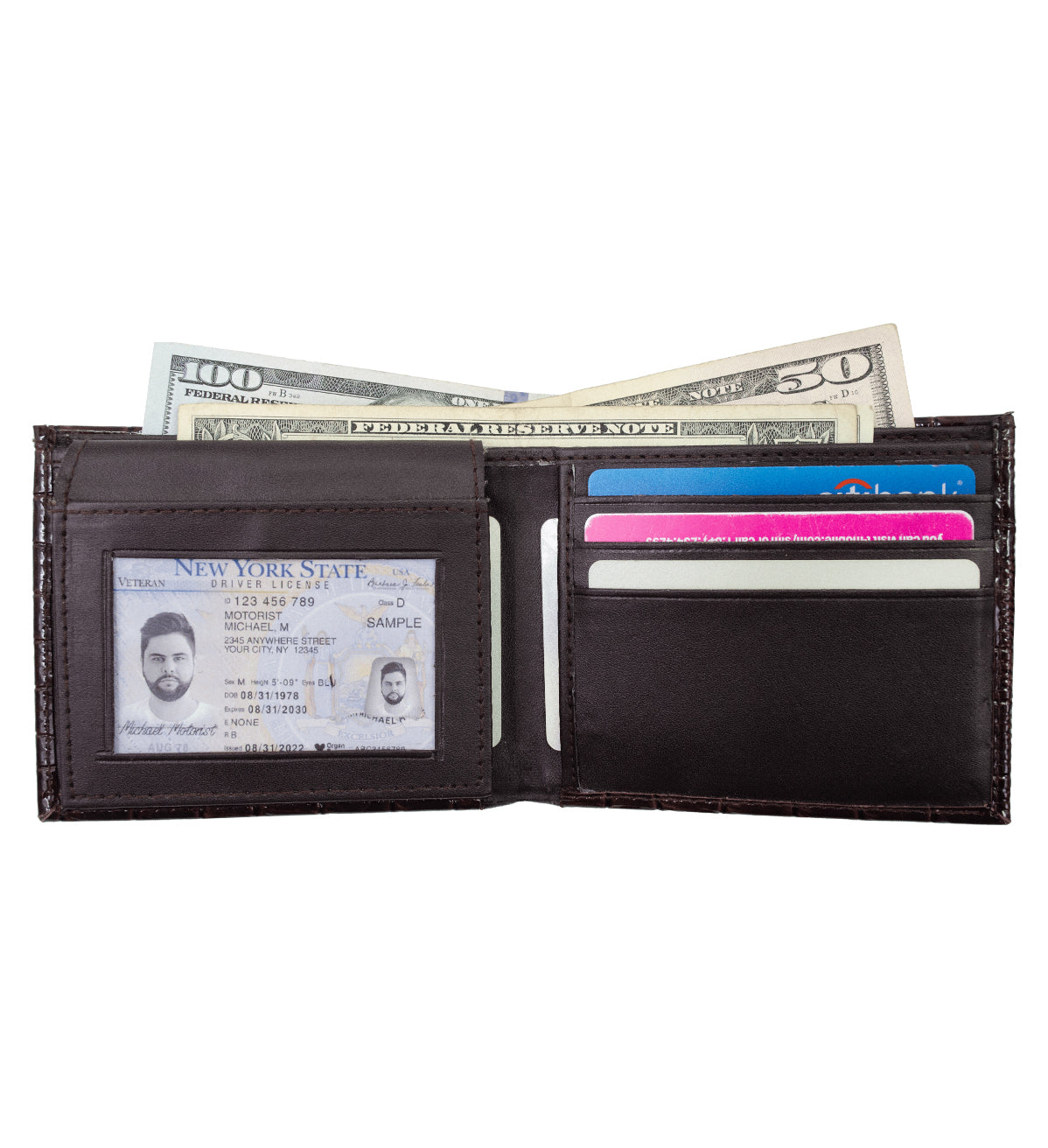 Black Croc Print Vegan Leather Men's Bifold Wallet Double Flap Holder