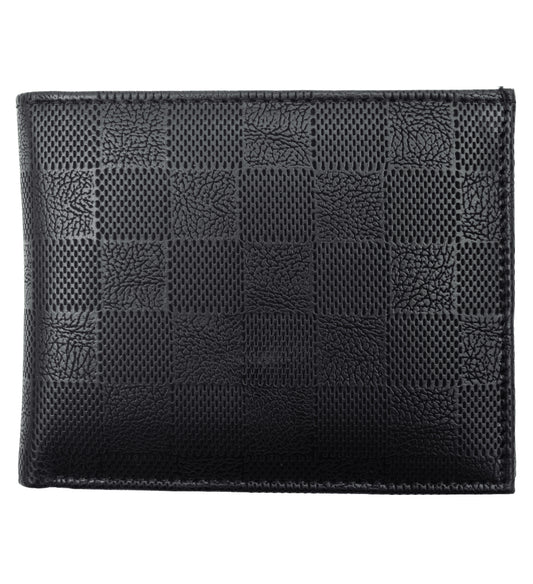 Black Checkered Pattern Vegan Leather Men's Bifold Wallet Double Flap Holder