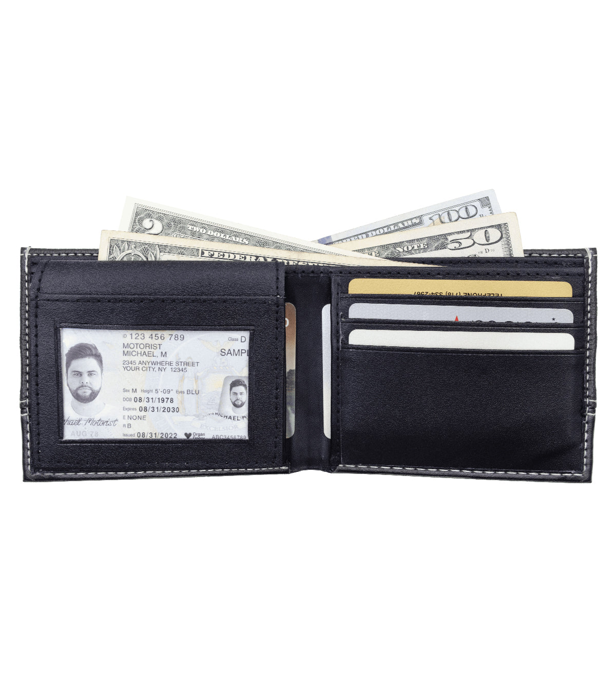 Black Grain Pattern Vegan Leather Men's Bifold Wallet Double Flap Holder