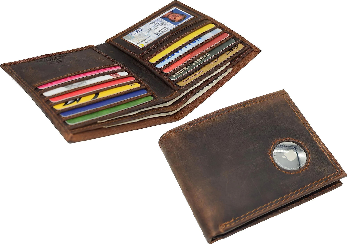 Vintage Leather Men's Bifold Hipster Wallet Credit Card Holder Airtag Case