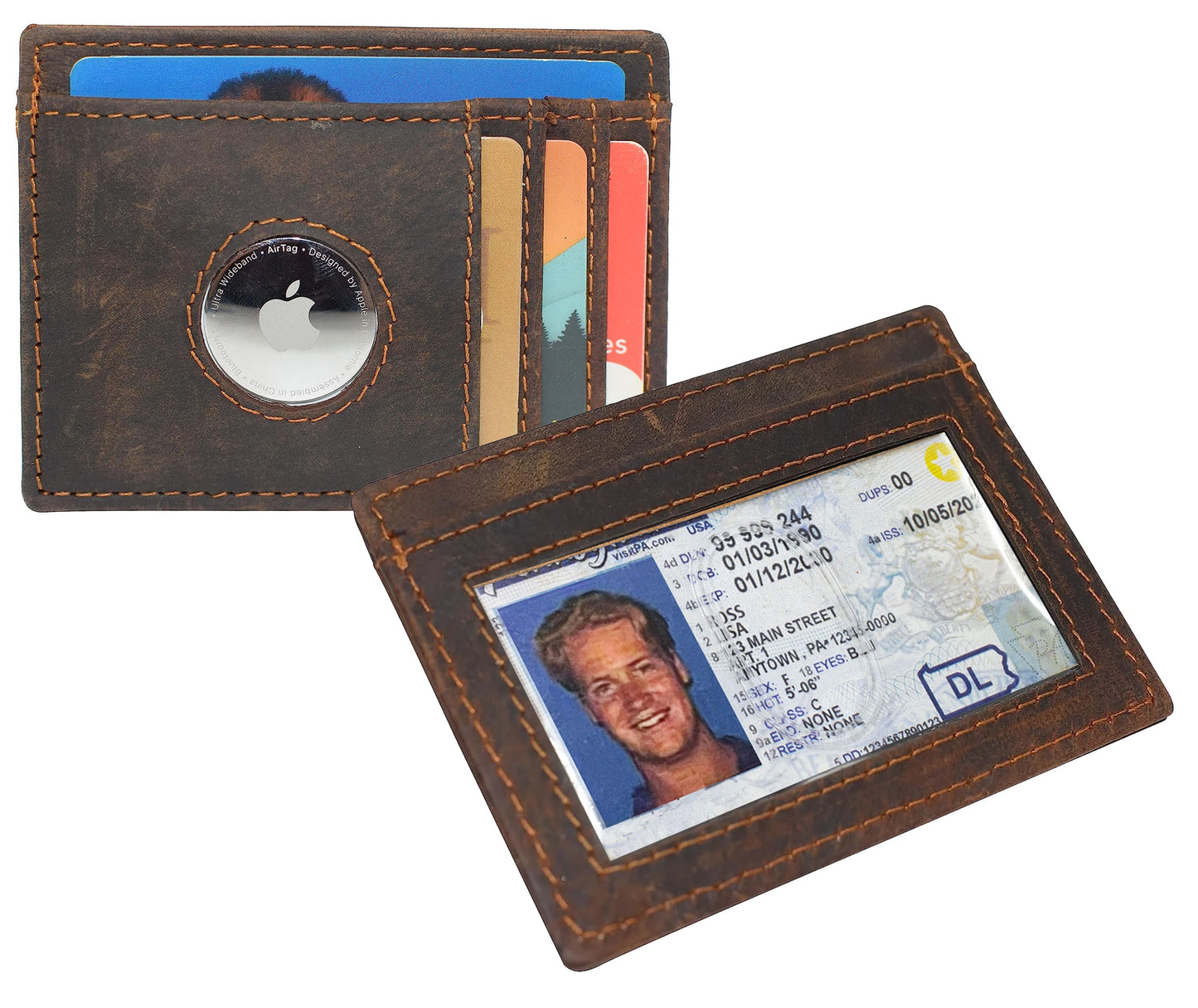Hunter Brown Leather Men's Slim Minimalist Card Holder Wallet Airtag