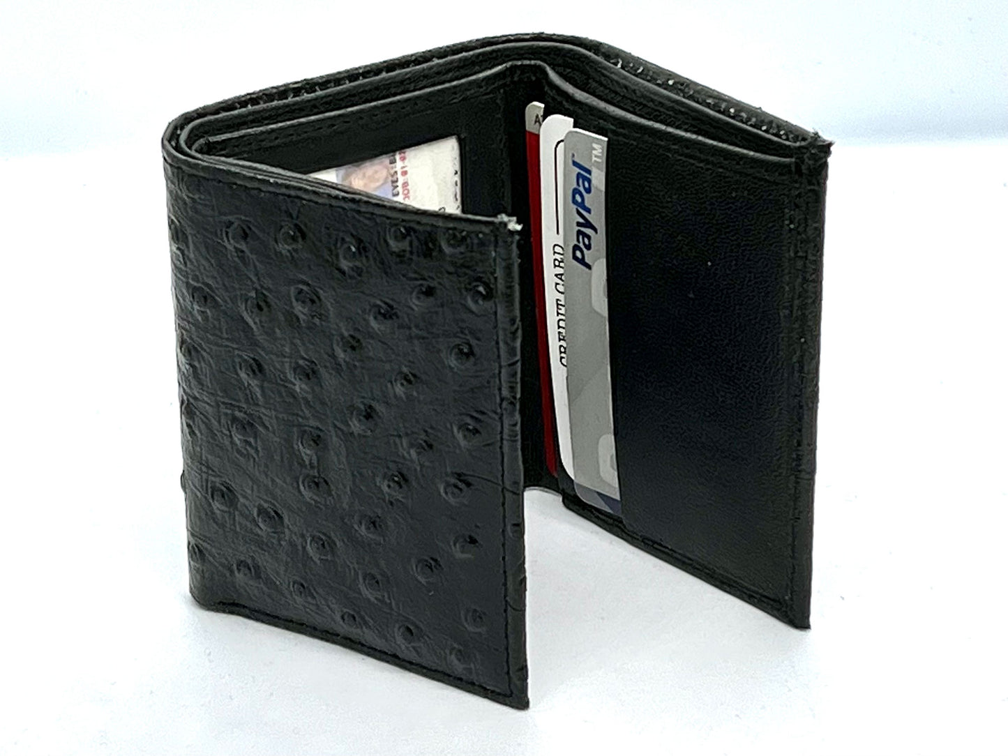 Genuine Leather Ostrich Print Men's Trifold Wallet Credit Card Holder ID Window