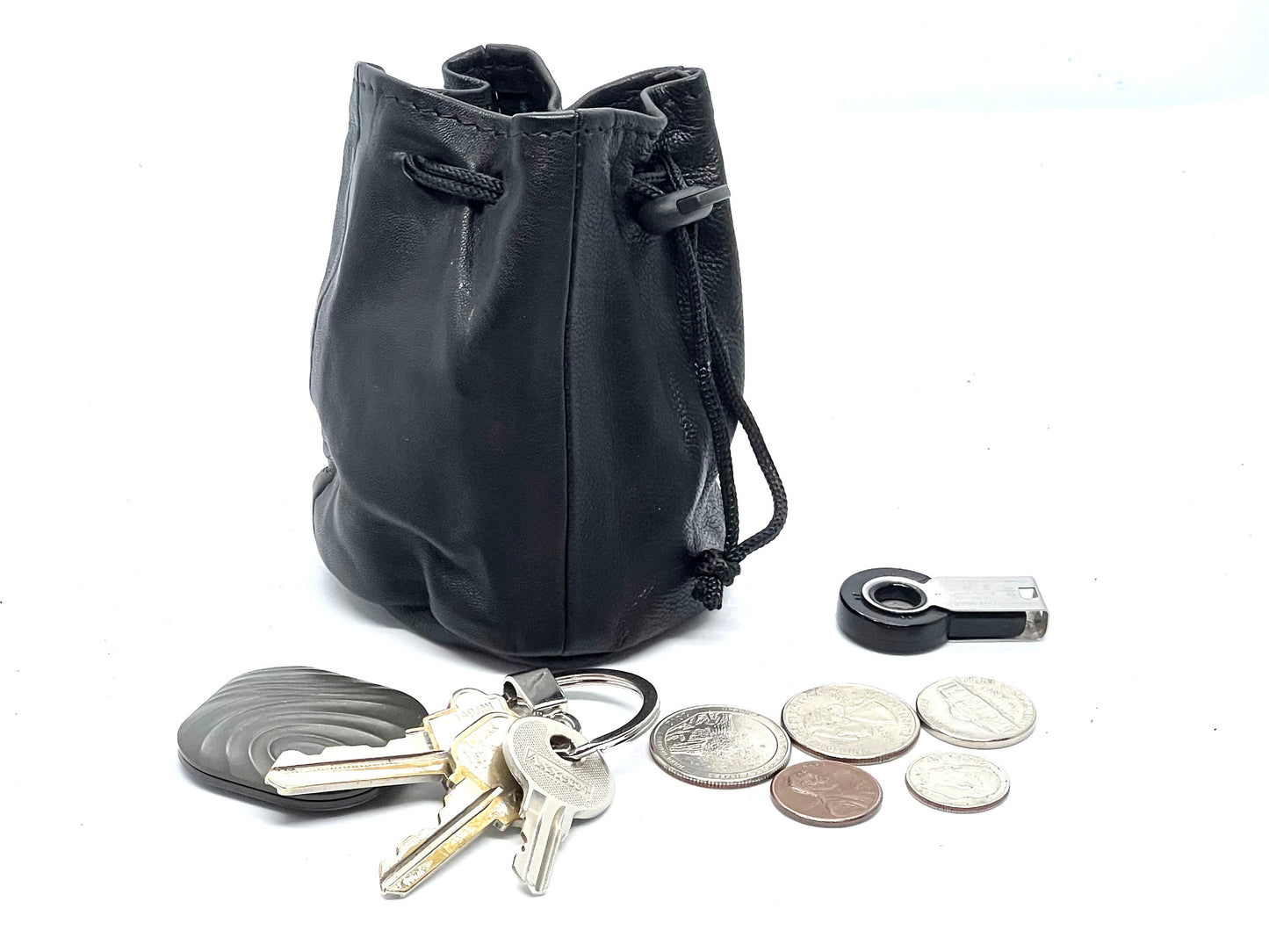Genuine Leather Drawstring Pouch Spring Locks Coin Soft Purse Small Wrist Bag