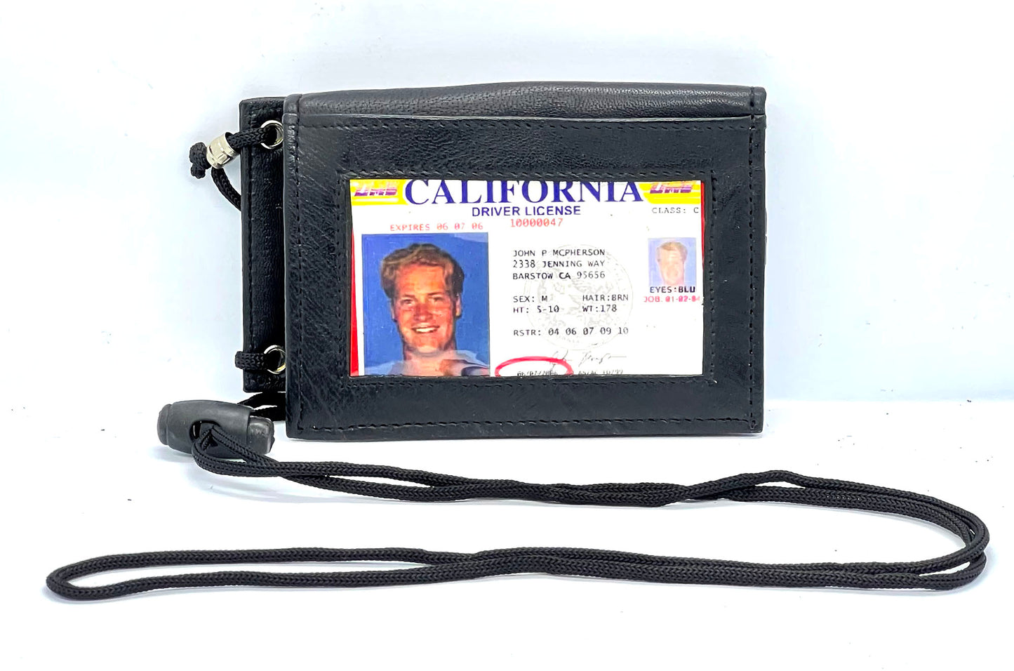 Genuine Leather ID Badge 6 Credit Cards Holder Zip Lanyard Wallet Adjustable Neck Strap
