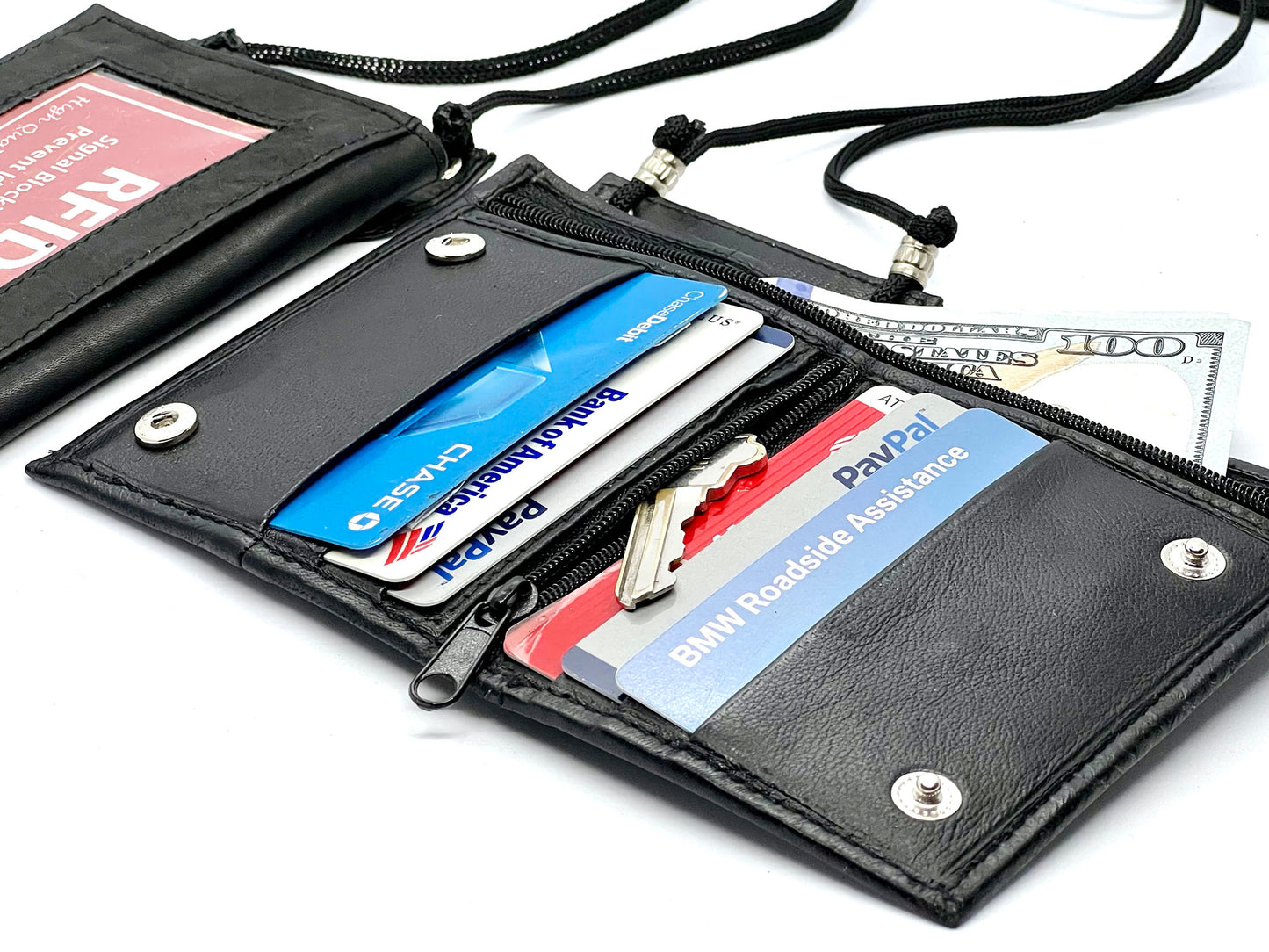 Genuine Leather ID Badge 6 Credit Cards Holder Zip Lanyard Wallet Adjustable Neck Strap