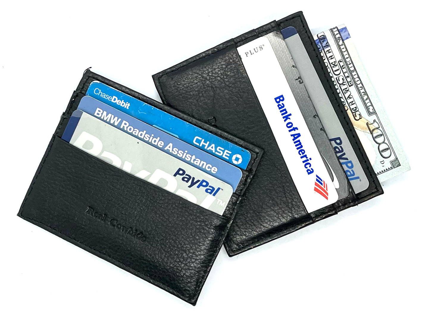 Black Genuine Leather Men's Bifold Wallet Credit Card Holder Zip Around Minimalist Ultra Thin Set of 2