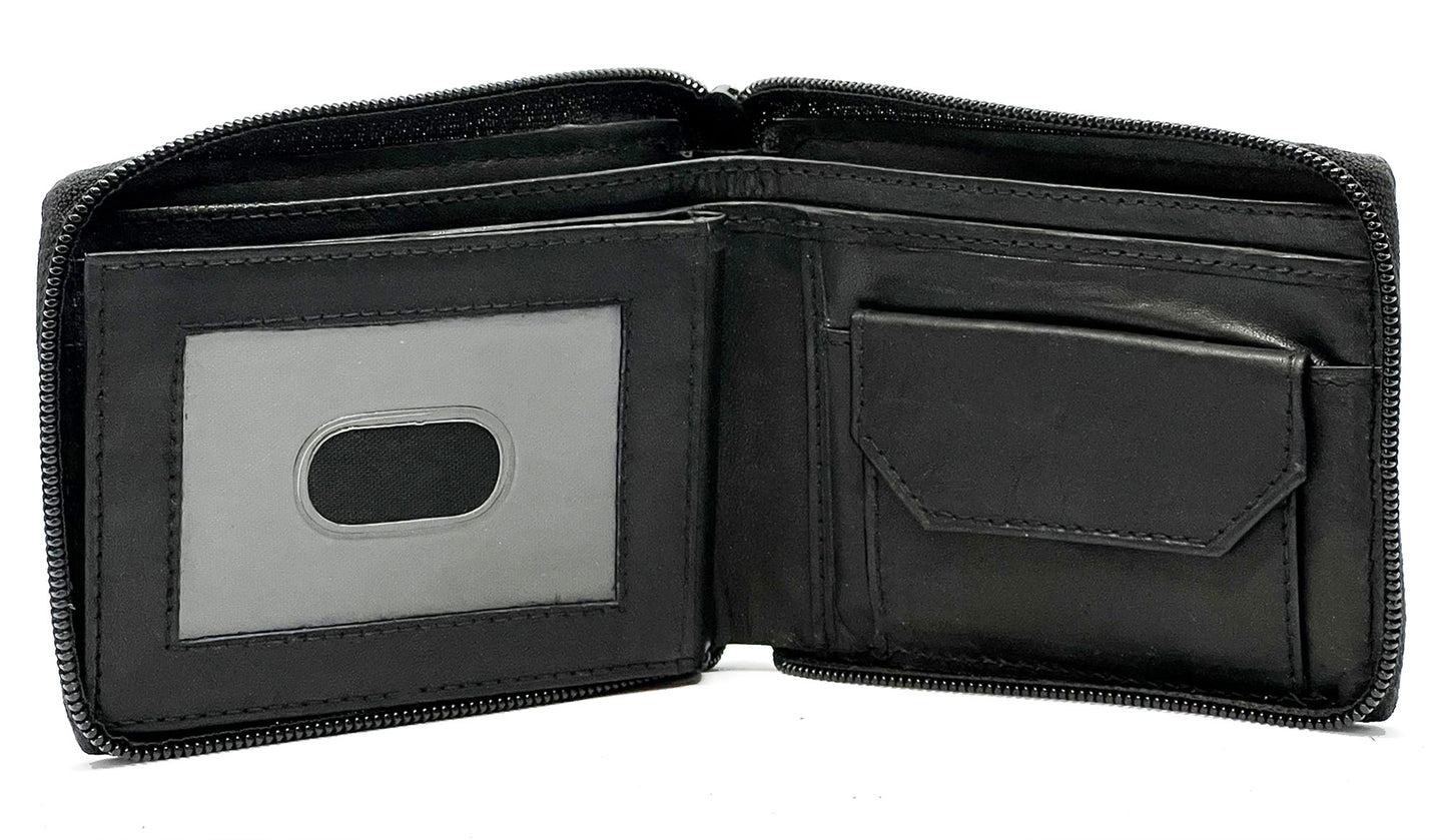 Black Genuine Leather Mens Bifold Wallet Card Coin Holder Plastic Sleeve Inserts ID Zip Around